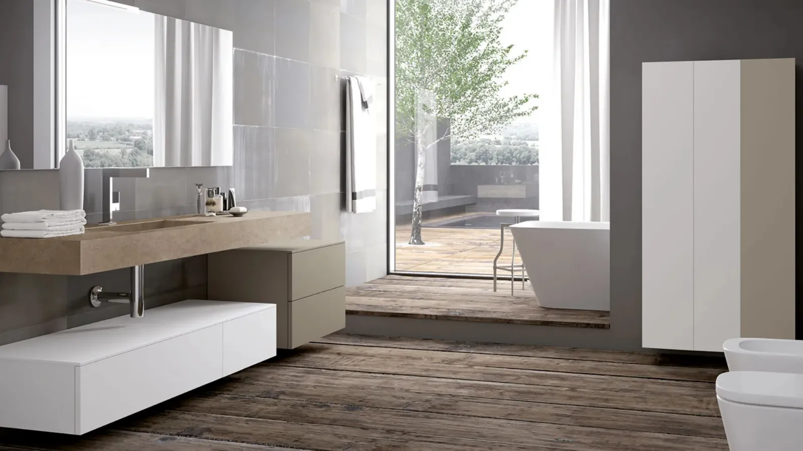 Mobile da Bagno sospeso laccato Bianco e Canapa con top in gres Essenze 25 di Archeda