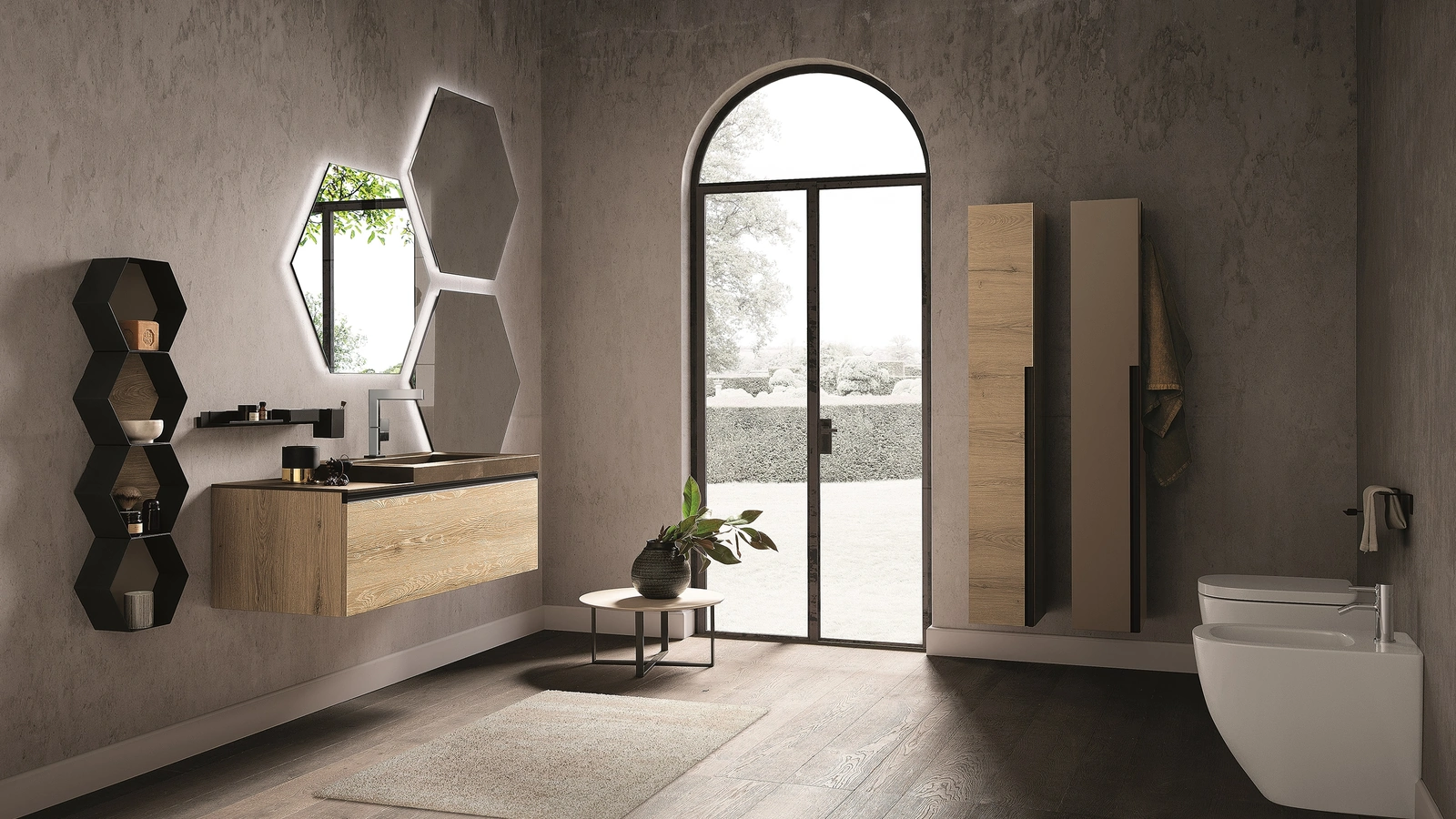 Mobile da Bagno Side 04 in melaminico rovere e top in gres con vasca intregrata di Archeda
