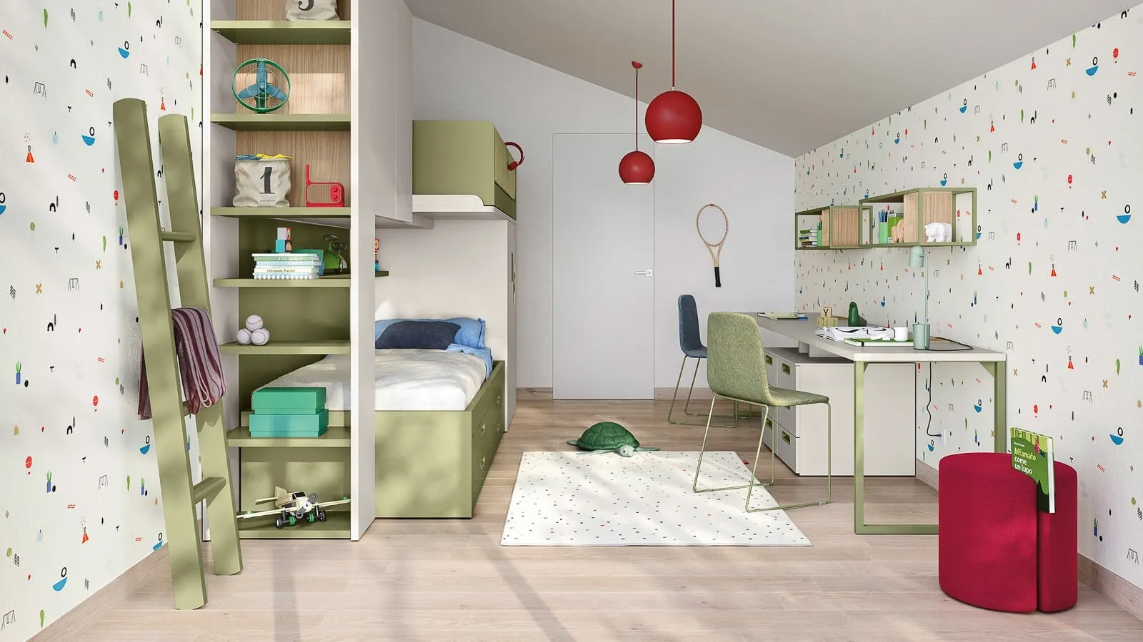 Cameretta a soppalco con scrivania Kids space 17 in melaminico di Nidi
