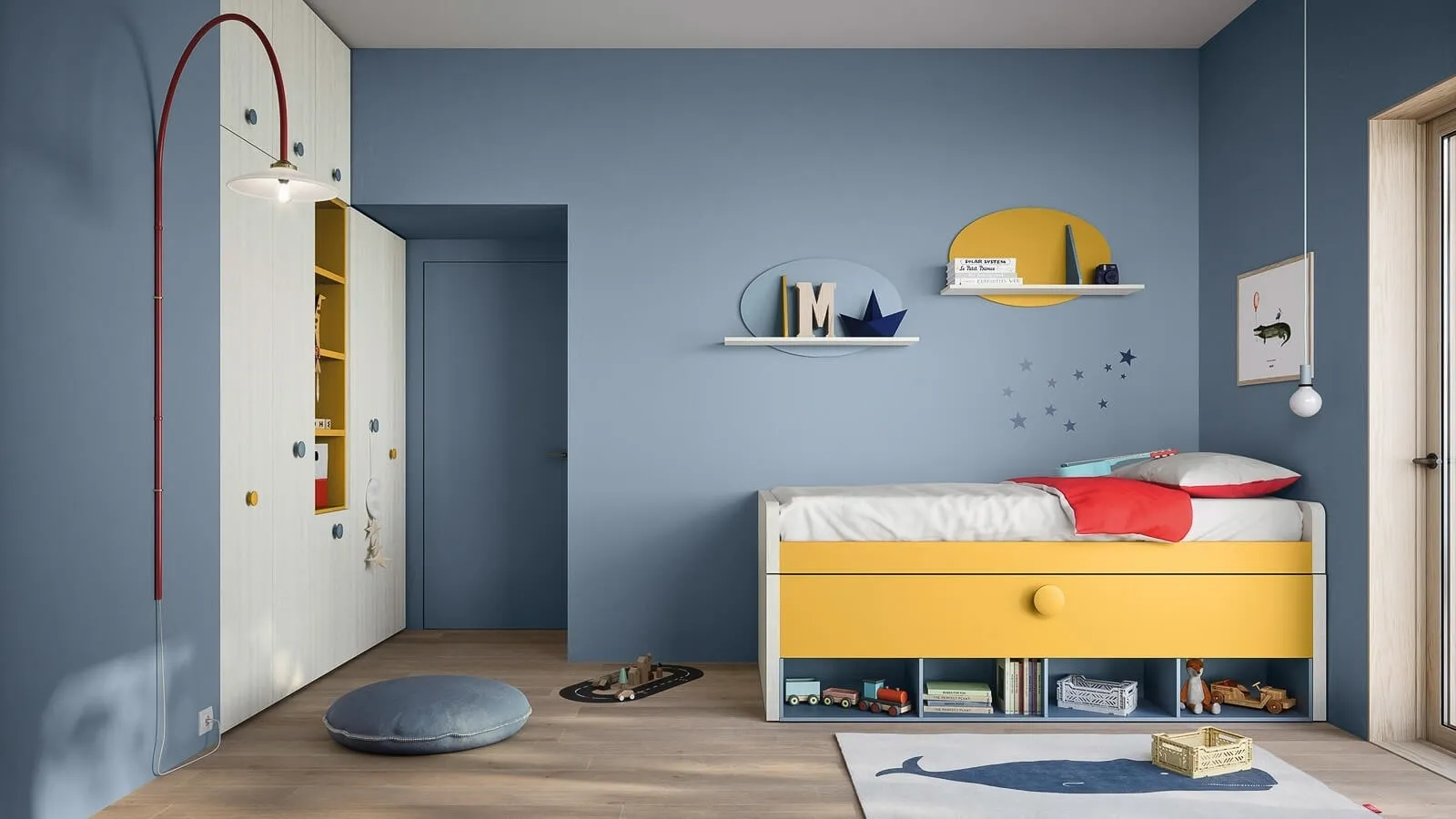 Cameretta su misura con armadio a muro e pensili a parete Kids space 08 di Nidi