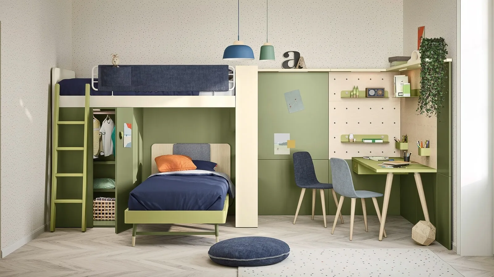 Cameretta a soppalco con scrivania Kids space 11 in melaminico di Nidi