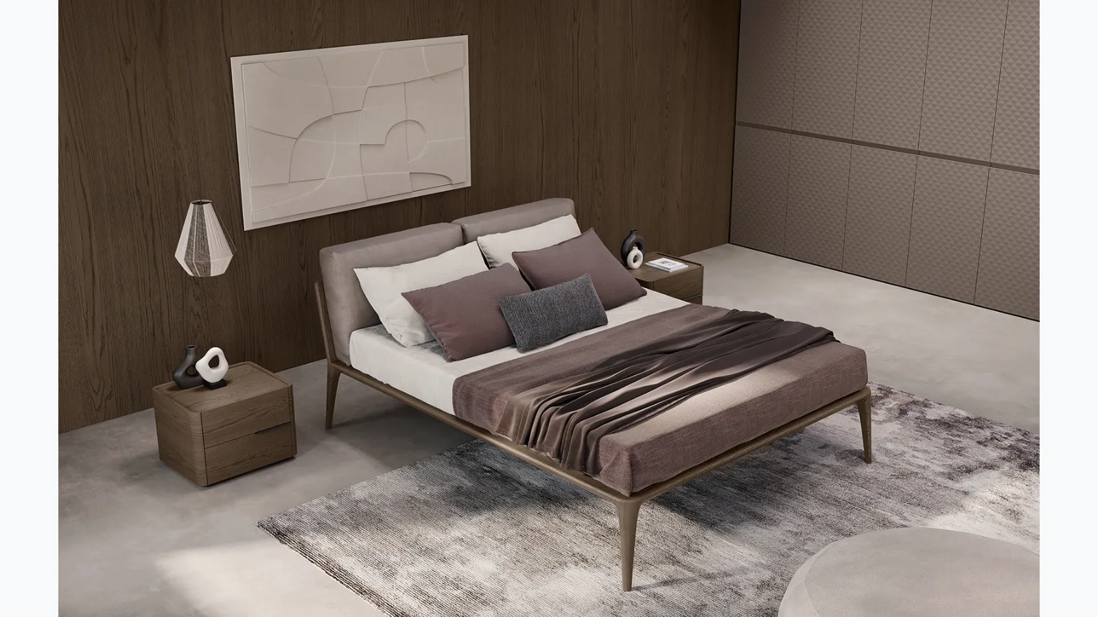 Letto Kalè in Rovere Visone con cuscini imbottiti di Olivieri