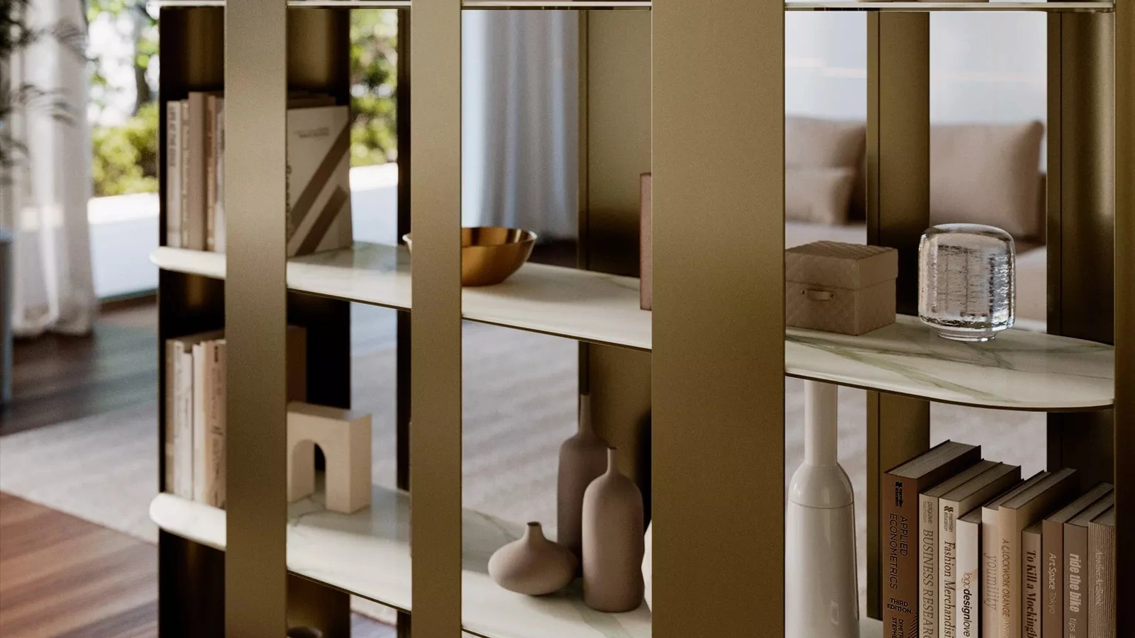 Libreria divisoria Helena in metallo laccato con ripiani in SuperMarmo di Bontempi