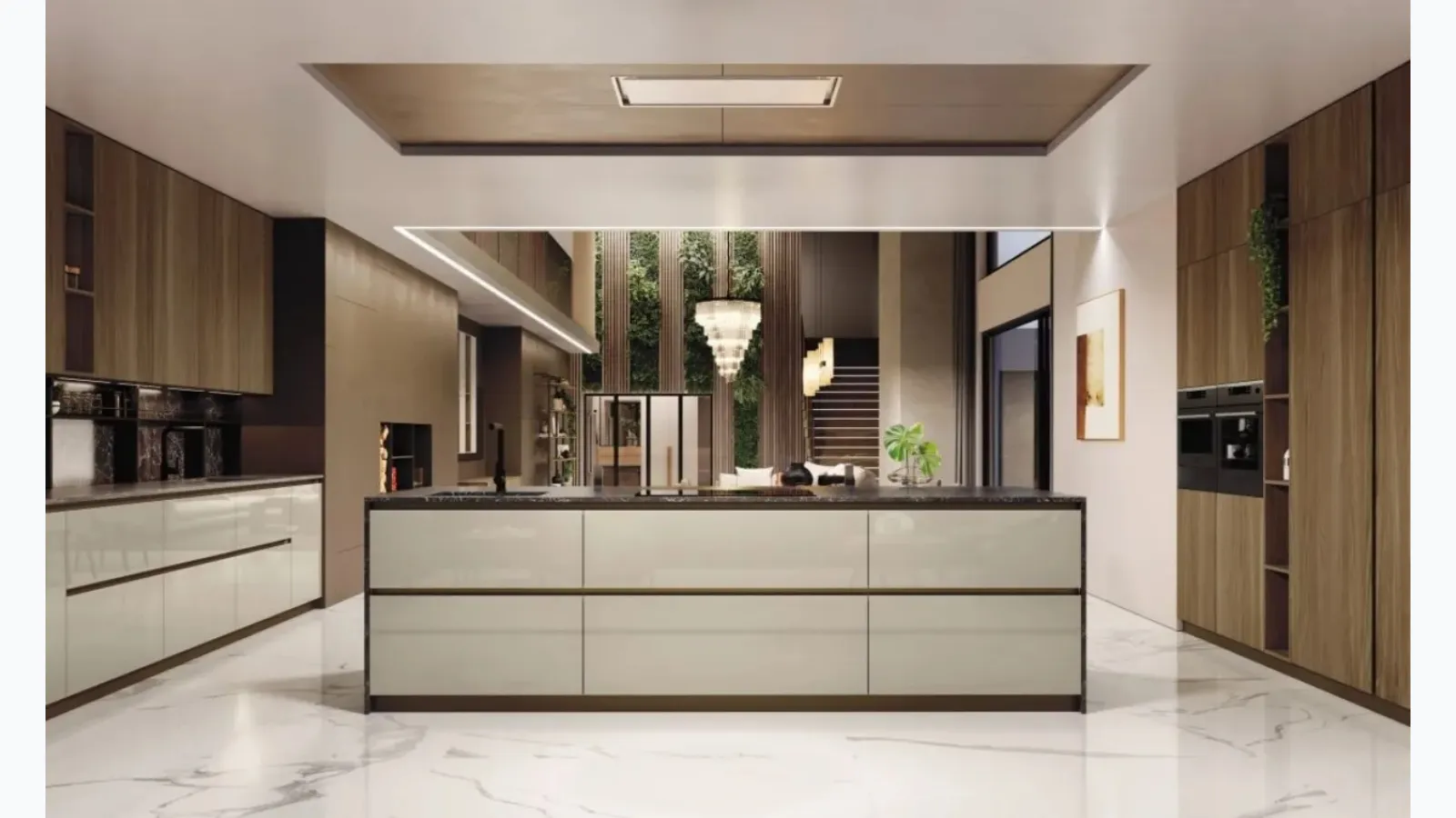 Cucina Moderna con isola AL 32 10 in Vetro lucido Juta e Noce Canaletto di Arrex