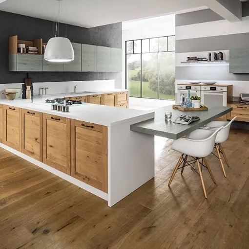 Cucina Moderna angolare con penisola Curry in Rovere Naturale e laccato Bianco di Arrex
