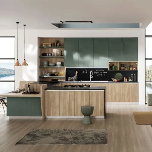 Cucina Moderna angolare con penisola Lab Old Oak Natura e Oxide Muschio di Arrex