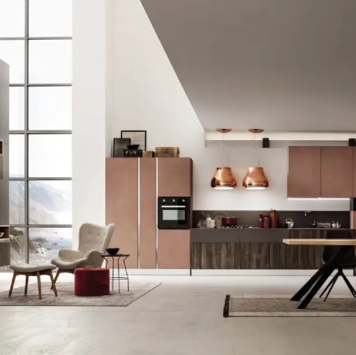 Cucina Moderna lineare Lab in finitura legno Old Oak Petrolio e Oxide Mattone di Arrex