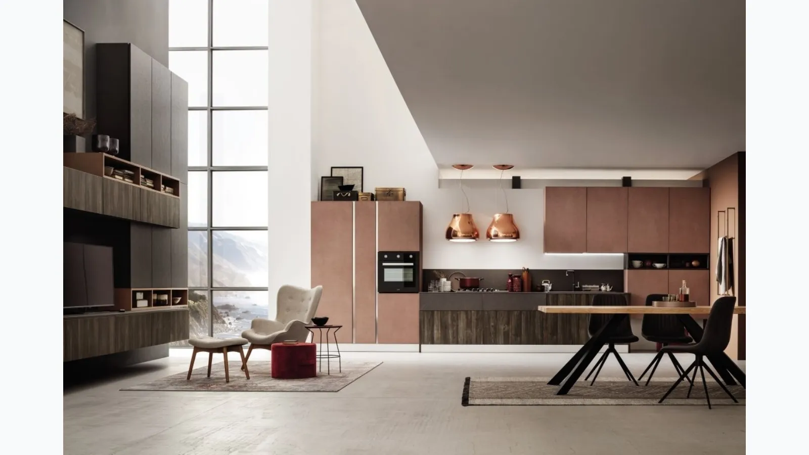 Cucina Moderna lineare Lab in finitura legno Old Oak Petrolio e Oxide Mattone di Arrex