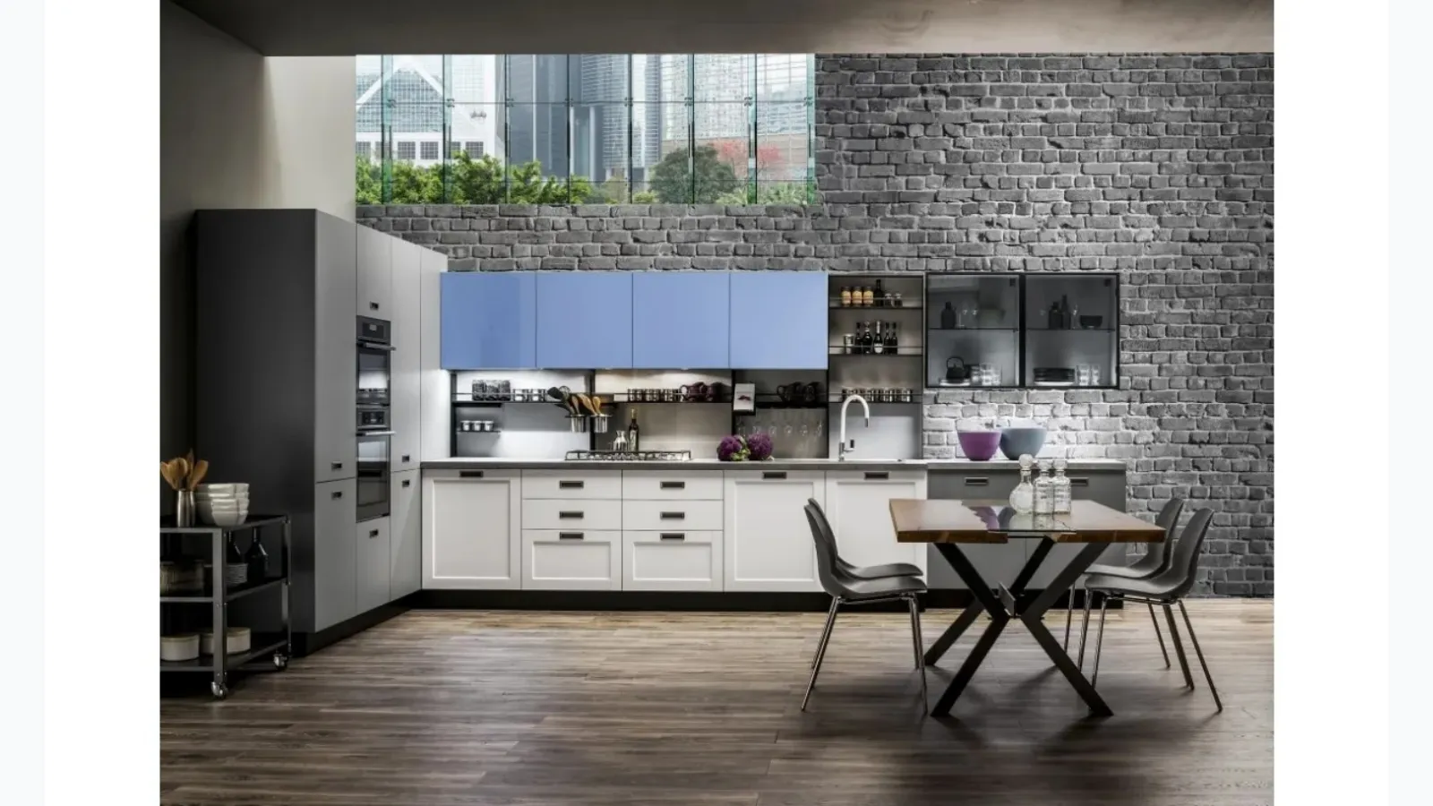 Cucina Moderna angolare Dallas 05 in PET Zucchero Grigio e Timo di Arrex