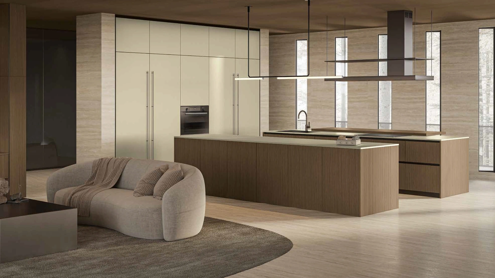 Cucina Moderna in Fenix Oro Cortez con isola in Rovere Daytona Game di Arrex