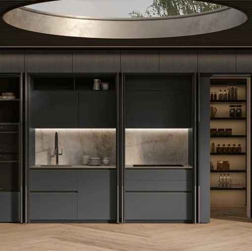 Cucina Moderna lineare Daytona Living in pet Ardesia con ante scorrevoli in legno di Arrex