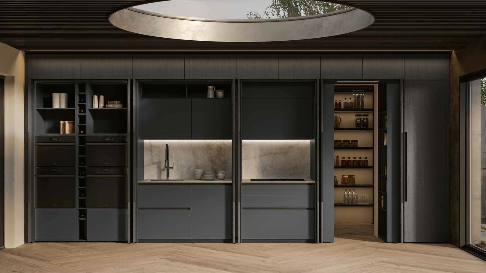 Cucina Moderna lineare Daytona Living in pet Ardesia con ante scorrevoli in legno di Arrex