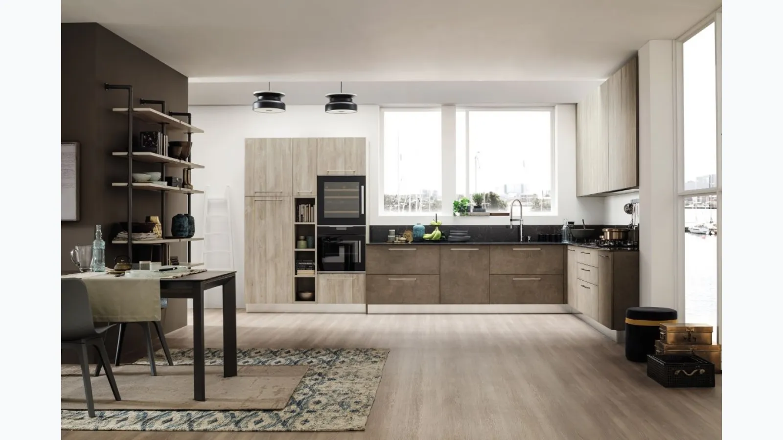 Cucina Moderna angolare finitura Lab Oxide Terra e Old Oak Mandorla di Arrex
