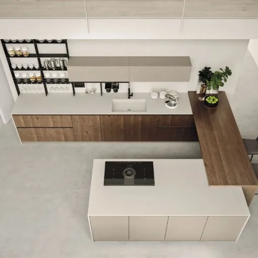 Cucina Moderna con isola e penisola Loft Wood finitura Pepe e laccato Beige di Arrex