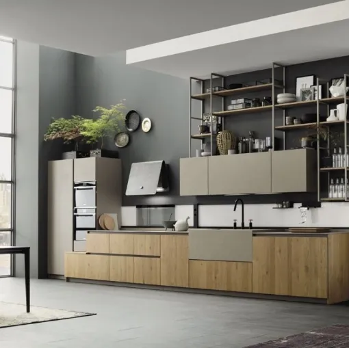 Cucina Moderna lineare Loft Wood Cotto e laminato effetto cemento di Arrex