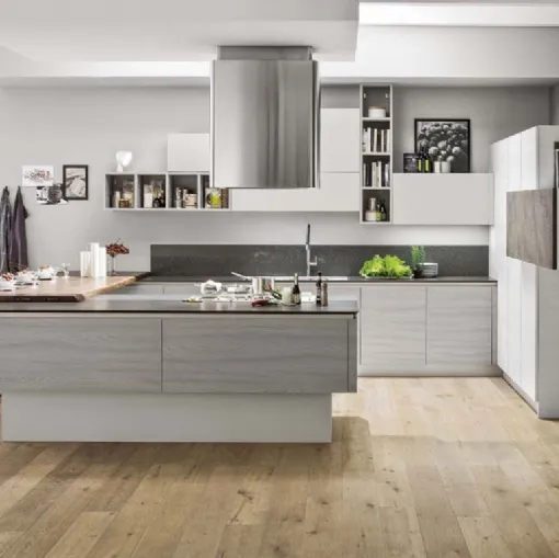 Cucina Moderna con penisola Mango in Frassinato Grigio ed Artico di Arrex