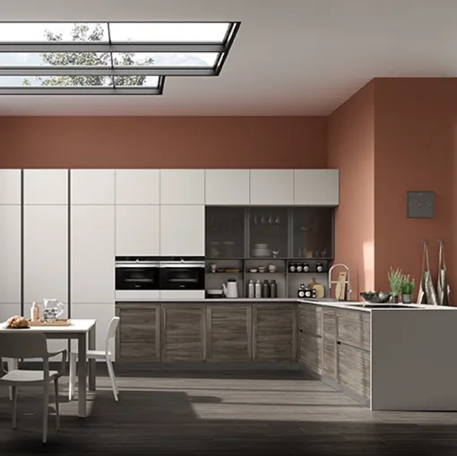 Cucina Moderna angolare Twin Okobo Dark e laccato Grigio chiaro di Arrex