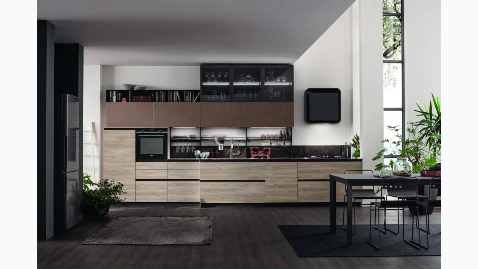Cucina Moderna lineare Twin 04 in HPL Okobo Smoke e Oxide Terra di Arrex
