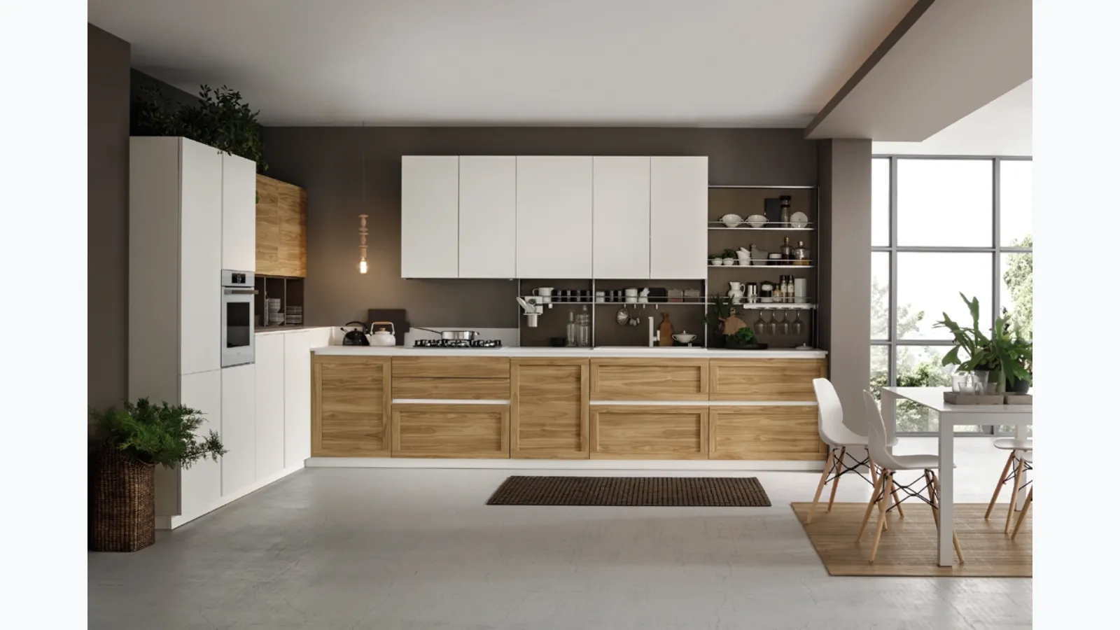 Cucina Moderna ad angolo Twin 03 in HPL Okobo Natural & White di Arrex