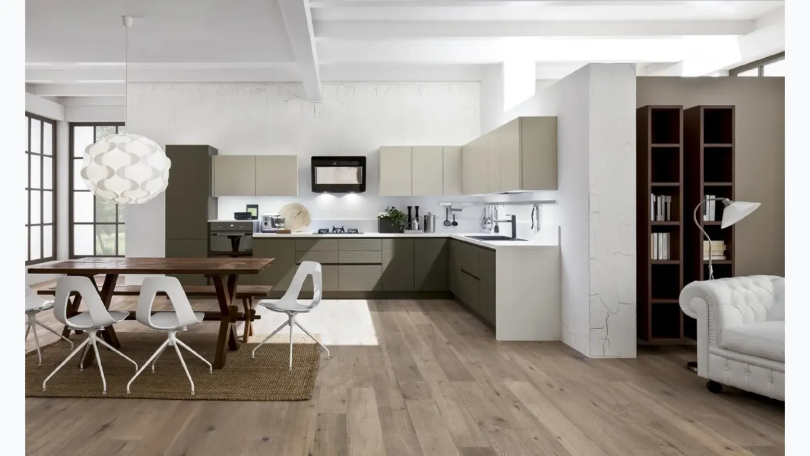 Cucina Moderna angolare Zenzero 07 in Rovere laccato Tortora e Juta di Arrex