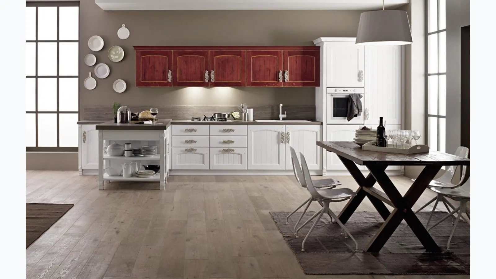 Cucina Shabby Chic Morgana in legno di Rovere Decapé Gesso e Rosso di Arrex