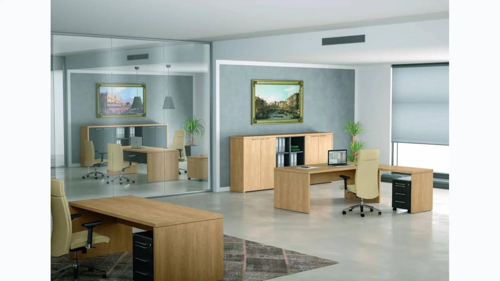 Scrivania direzionale in melaminico rovere gessato e laccato antracite Alfa Plus di Walco